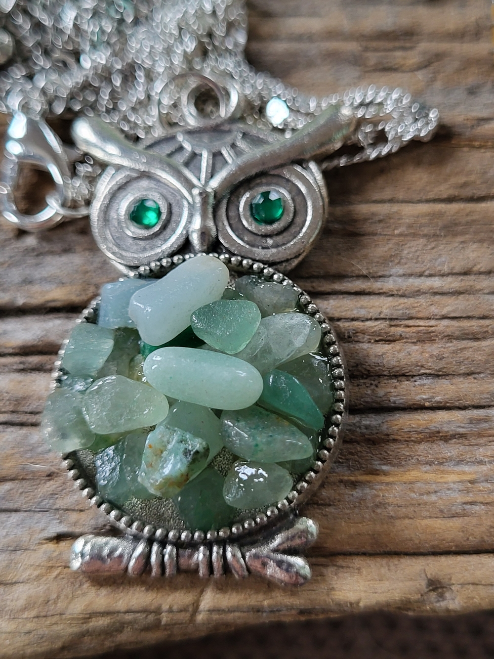 Silvertoned  Owl  Necklace with Green Adventurine Stones And Rhinestone Eyes